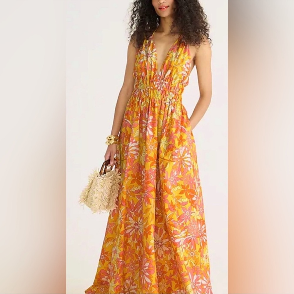 J Crew Collection V-neck double-strap maxi dress Bright Orange Sunset Floral